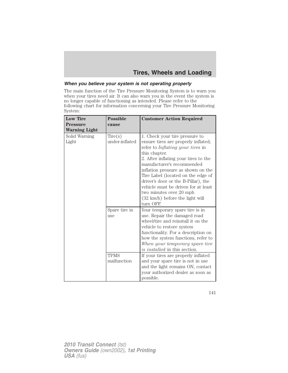 Tires, wheels and loading | FORD 2010 Transit Connect v.1 User Manual | Page 141 / 259