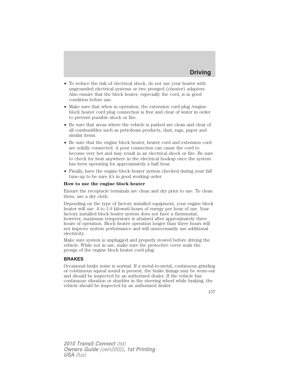 Brakes, Driving | FORD 2010 Transit Connect v.1 User Manual | Page 157 / 259