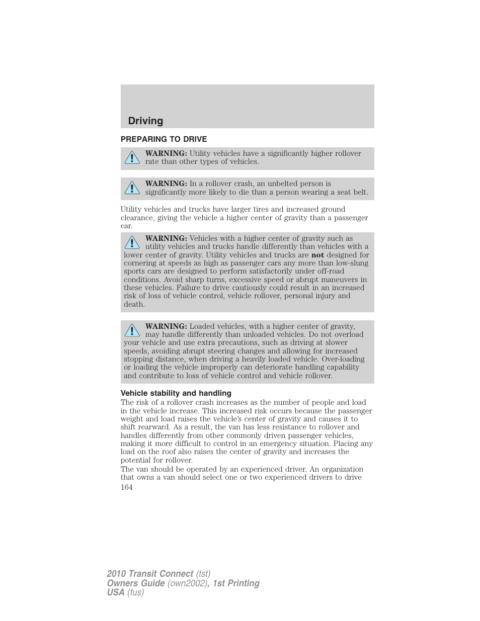 Preparing to drive, Vehicle stability and handling, Driving | FORD 2010 Transit Connect v.1 User Manual | Page 164 / 259
