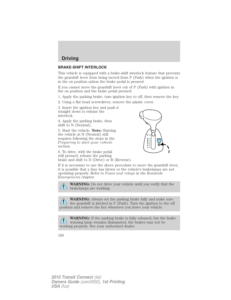 Brake-shift interlock, Driving | FORD 2010 Transit Connect v.1 User Manual | Page 166 / 259