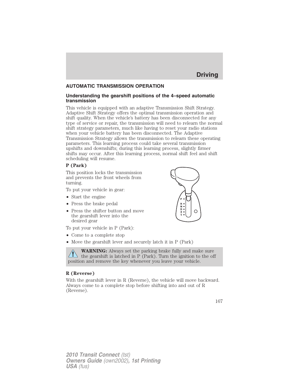 Automatic transmission operation, Transmission operation, Driving | FORD 2010 Transit Connect v.1 User Manual | Page 167 / 259