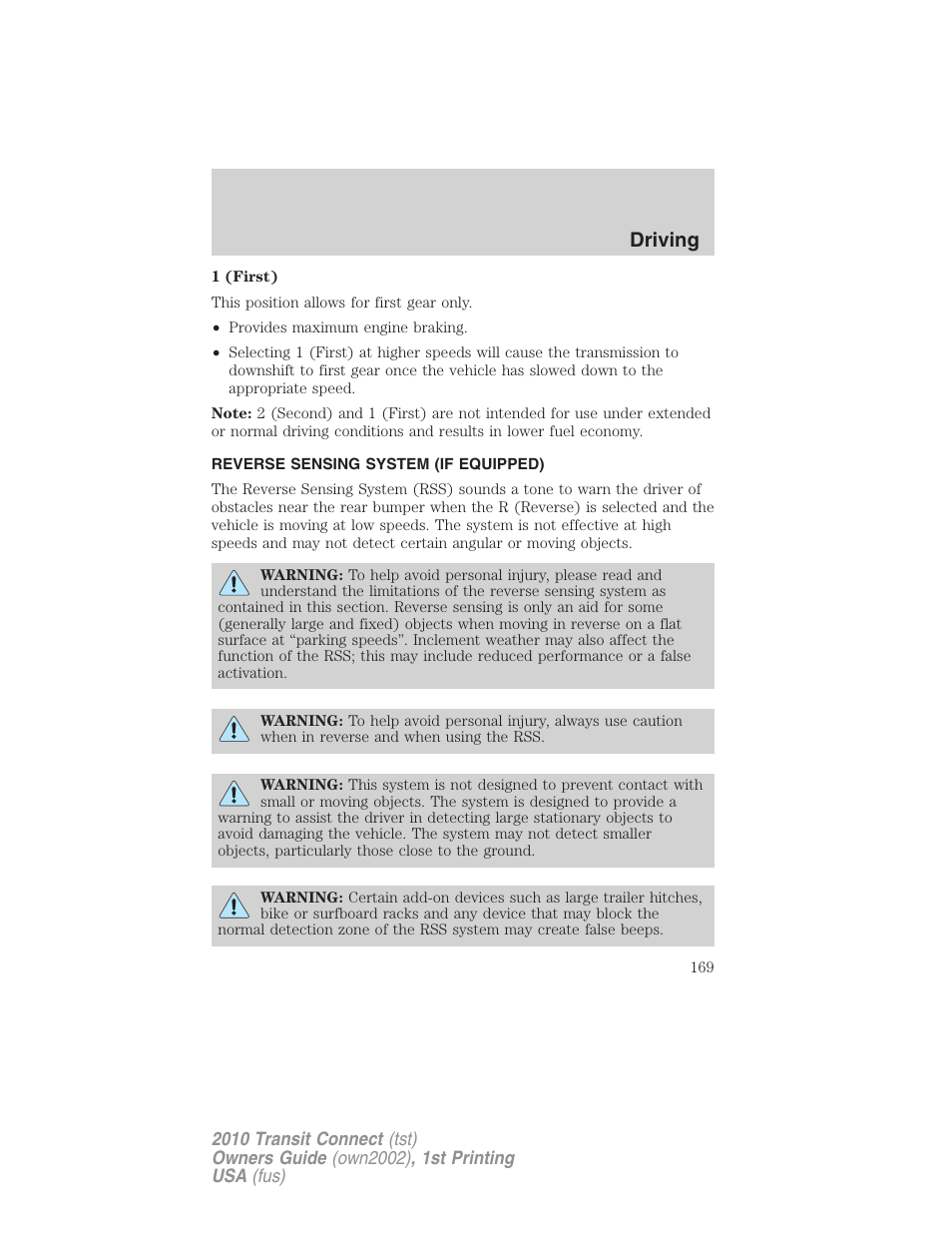 Reverse sensing system (if equipped), Reverse sensing system, Driving | FORD 2010 Transit Connect v.1 User Manual | Page 169 / 259