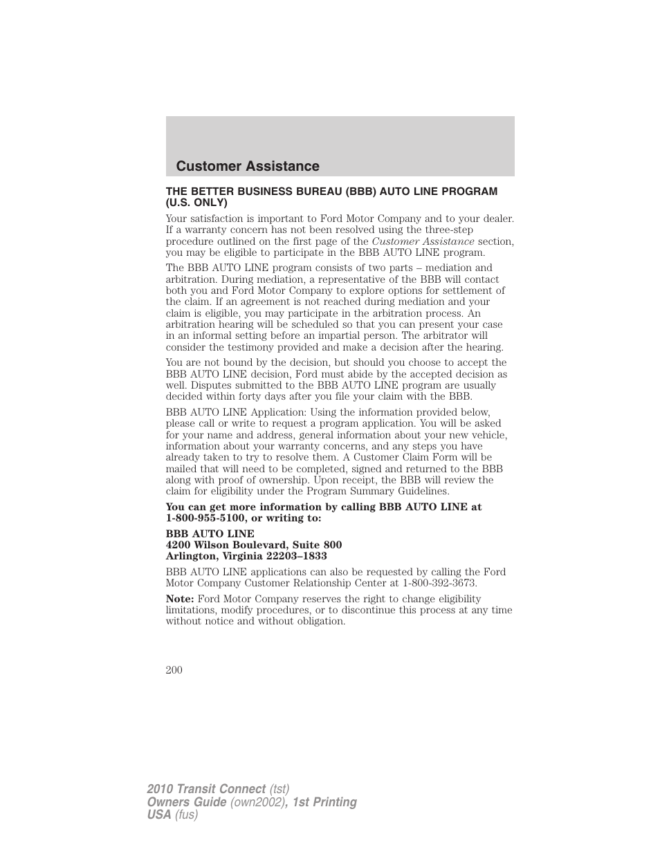 Customer assistance | FORD 2010 Transit Connect v.1 User Manual | Page 200 / 259