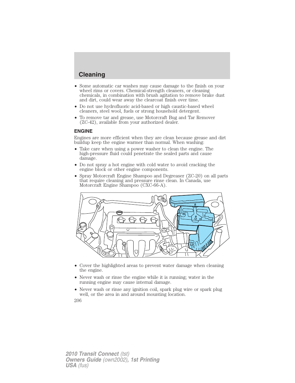 Engine, Cleaning | FORD 2010 Transit Connect v.1 User Manual | Page 206 / 259