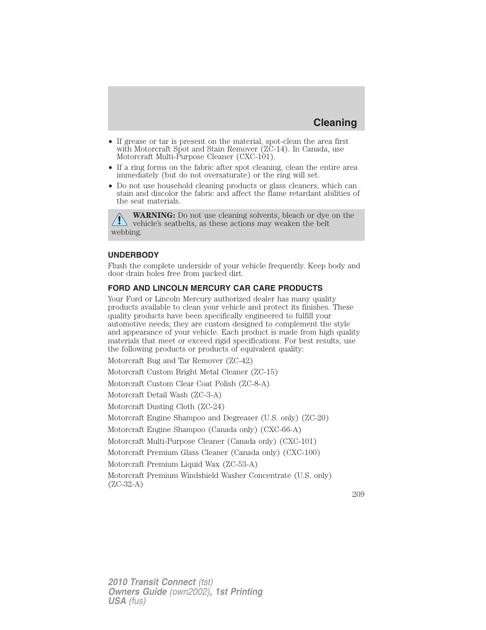 Underbody, Ford and lincoln mercury car care products, Cleaning | FORD 2010 Transit Connect v.1 User Manual | Page 209 / 259