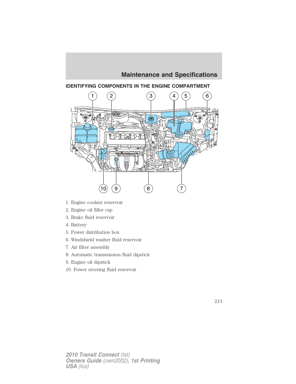 Identifying components in the engine compartment, Engine compartment, Maintenance and specifications | FORD 2010 Transit Connect v.1 User Manual | Page 213 / 259