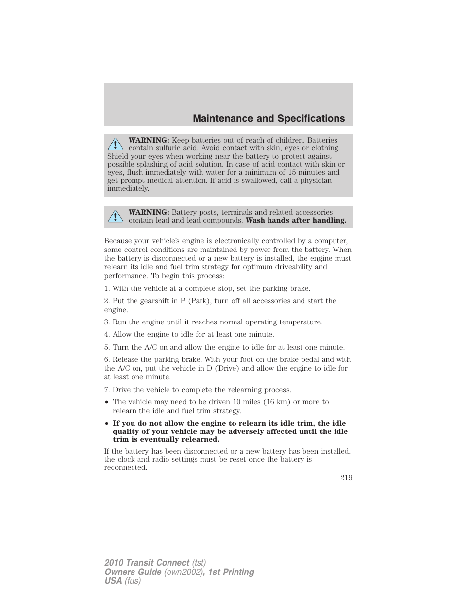 Maintenance and specifications | FORD 2010 Transit Connect v.1 User Manual | Page 219 / 259