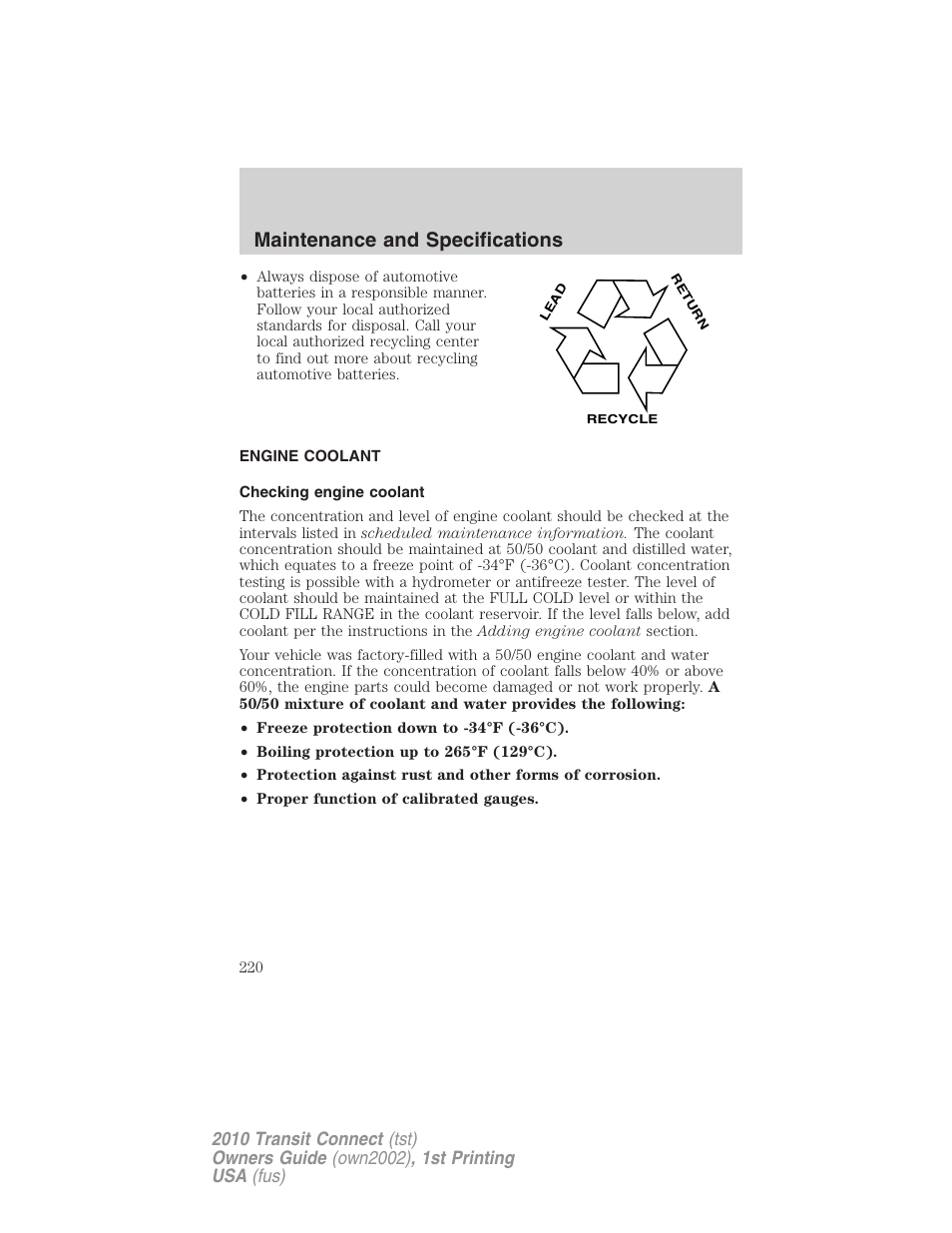Engine coolant, Checking engine coolant, Maintenance and specifications | FORD 2010 Transit Connect v.1 User Manual | Page 220 / 259
