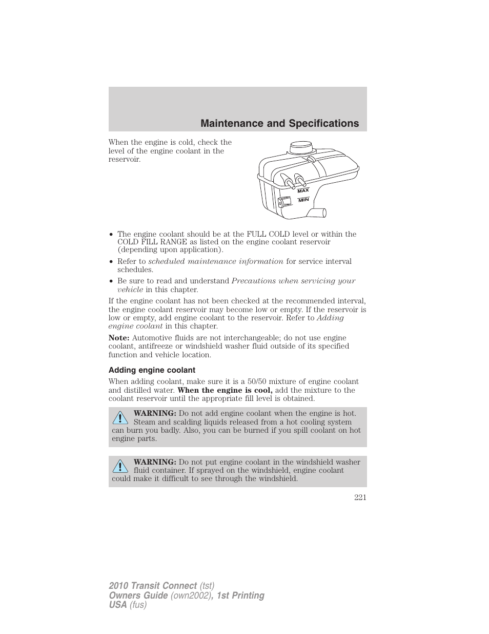 Adding engine coolant, Maintenance and specifications | FORD 2010 Transit Connect v.1 User Manual | Page 221 / 259