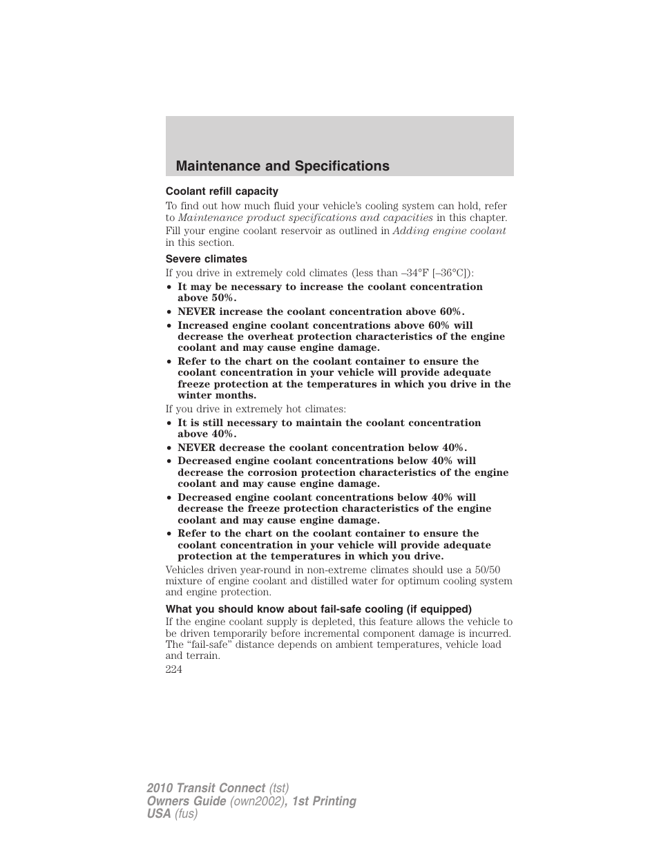 Coolant refill capacity, Severe climates, Maintenance and specifications | FORD 2010 Transit Connect v.1 User Manual | Page 224 / 259