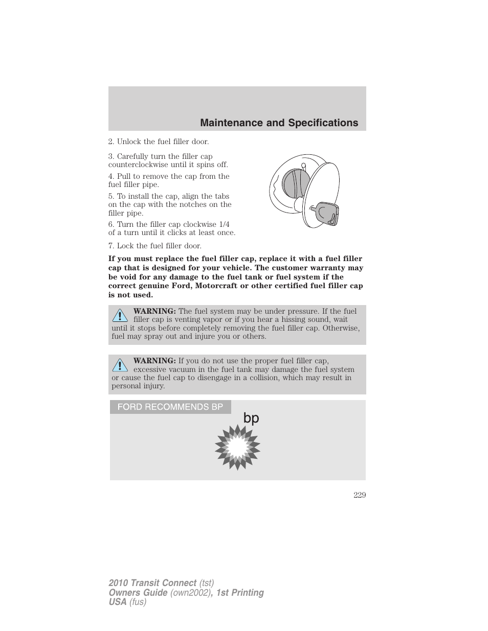 Maintenance and specifications | FORD 2010 Transit Connect v.1 User Manual | Page 229 / 259