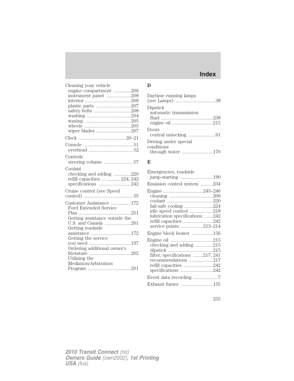 Index | FORD 2010 Transit Connect v.1 User Manual | Page 255 / 259