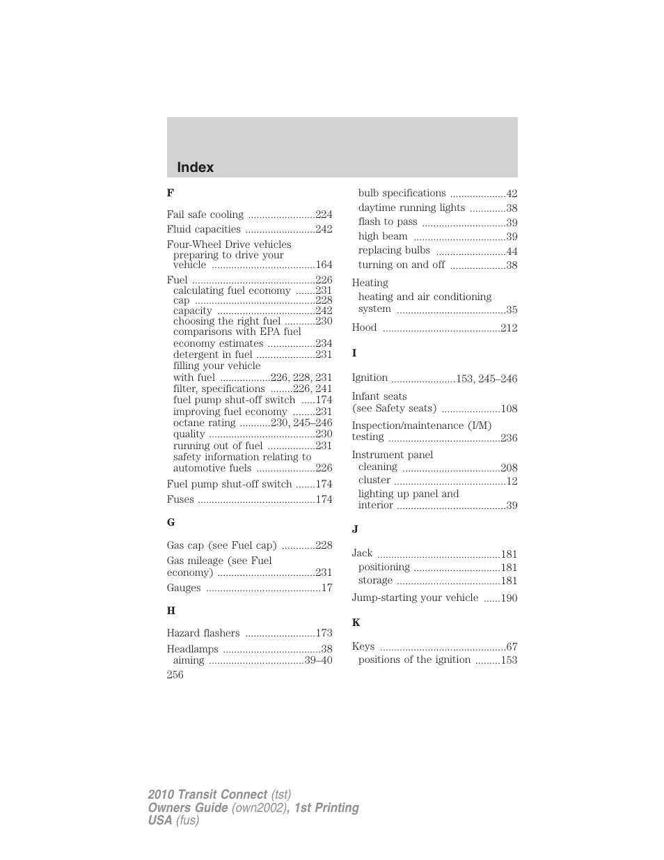 Index | FORD 2010 Transit Connect v.1 User Manual | Page 256 / 259