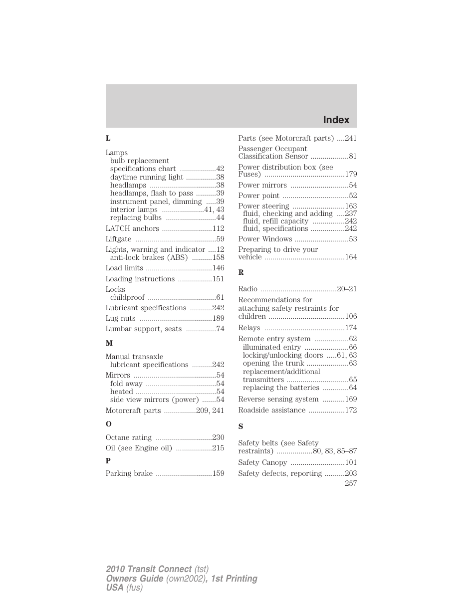 Index | FORD 2010 Transit Connect v.1 User Manual | Page 257 / 259