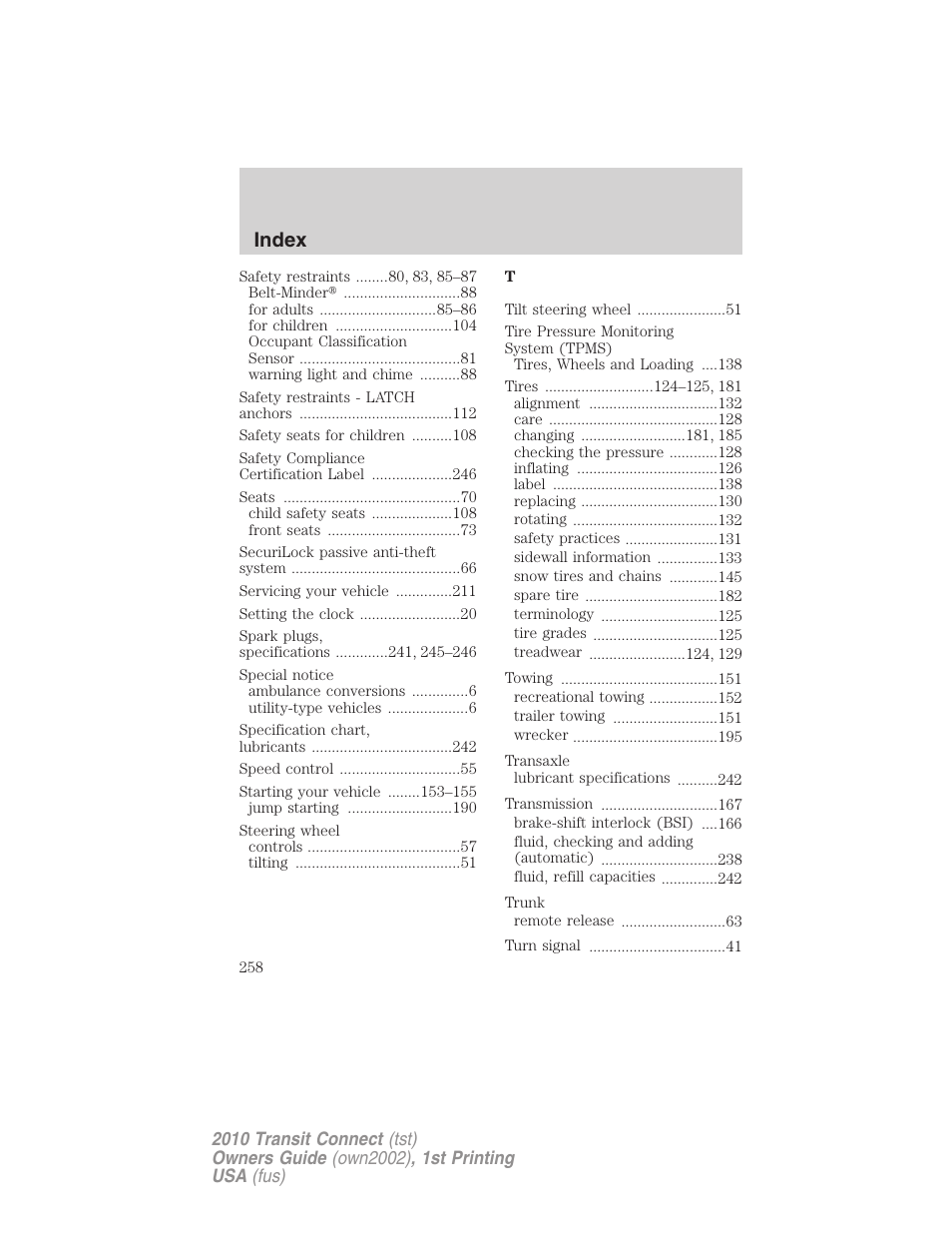 Index | FORD 2010 Transit Connect v.1 User Manual | Page 258 / 259