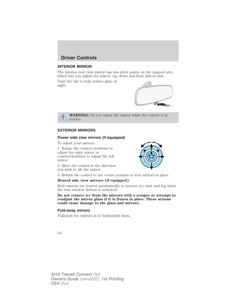 Interior mirror, Exterior mirrors, Power side view mirrors (if equipped) | Fold-away mirrors, Mirrors, Driver controls | FORD 2010 Transit Connect v.1 User Manual | Page 54 / 259