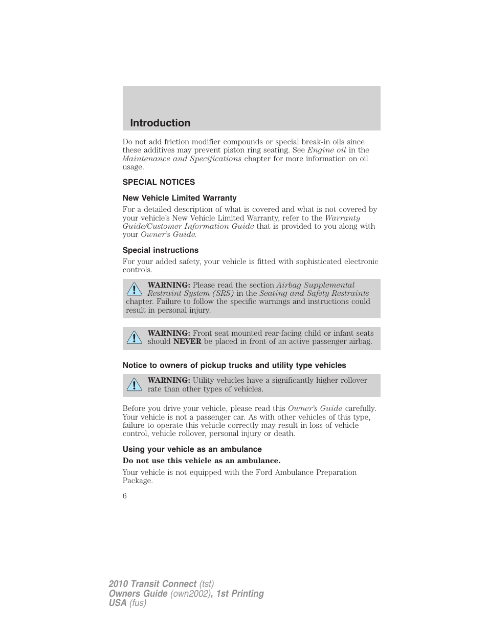 Special notices, New vehicle limited warranty, Special instructions | Using your vehicle as an ambulance, Introduction | FORD 2010 Transit Connect v.1 User Manual | Page 6 / 259