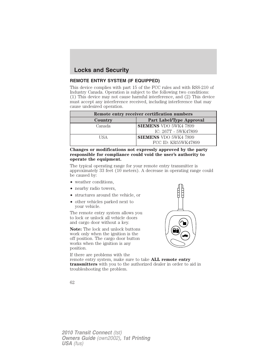 Remote entry system (if equipped), Locks and security | FORD 2010 Transit Connect v.1 User Manual | Page 62 / 259