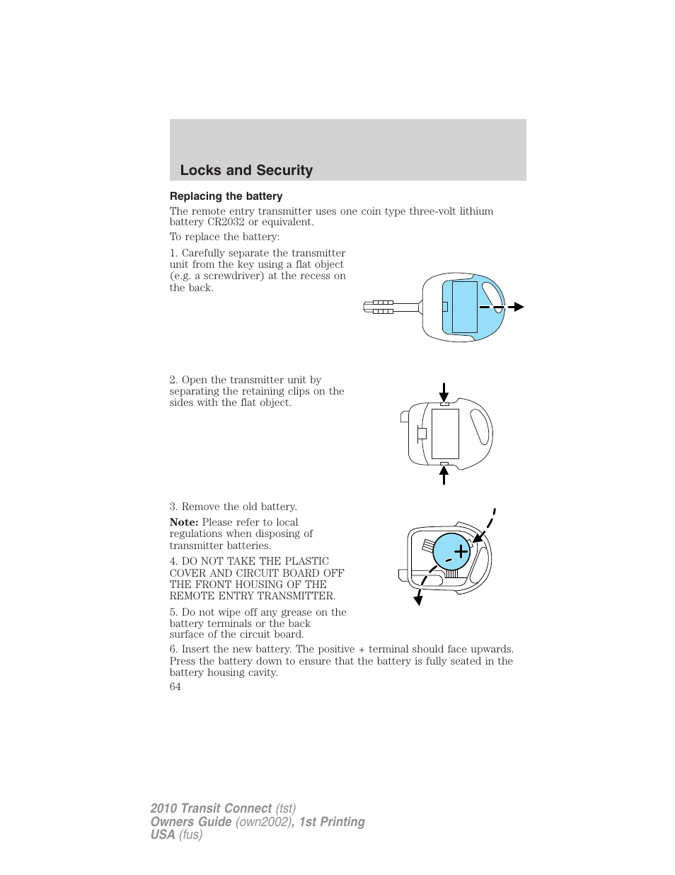Replacing the battery, Locks and security | FORD 2010 Transit Connect v.1 User Manual | Page 64 / 259