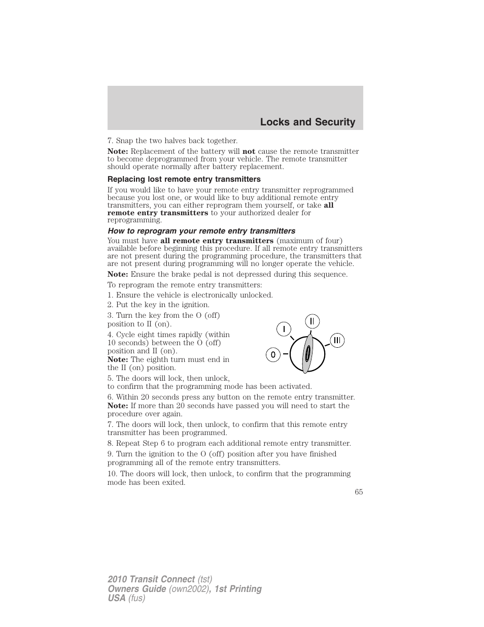 Replacing lost remote entry transmitters, How to reprogram your remote entry transmitters, Locks and security | FORD 2010 Transit Connect v.1 User Manual | Page 65 / 259
