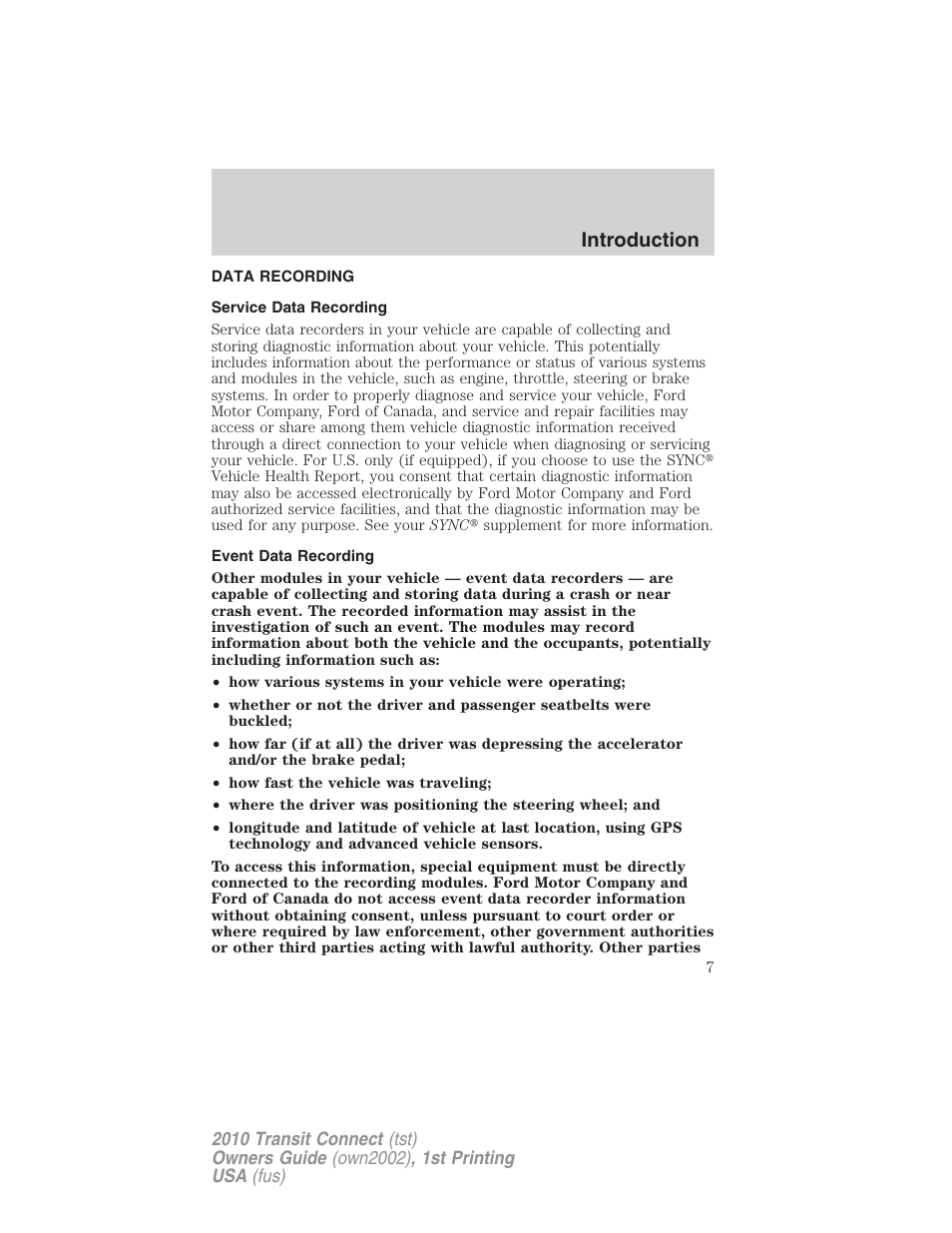 Data recording, Service data recording, Event data recording | Introduction | FORD 2010 Transit Connect v.1 User Manual | Page 7 / 259