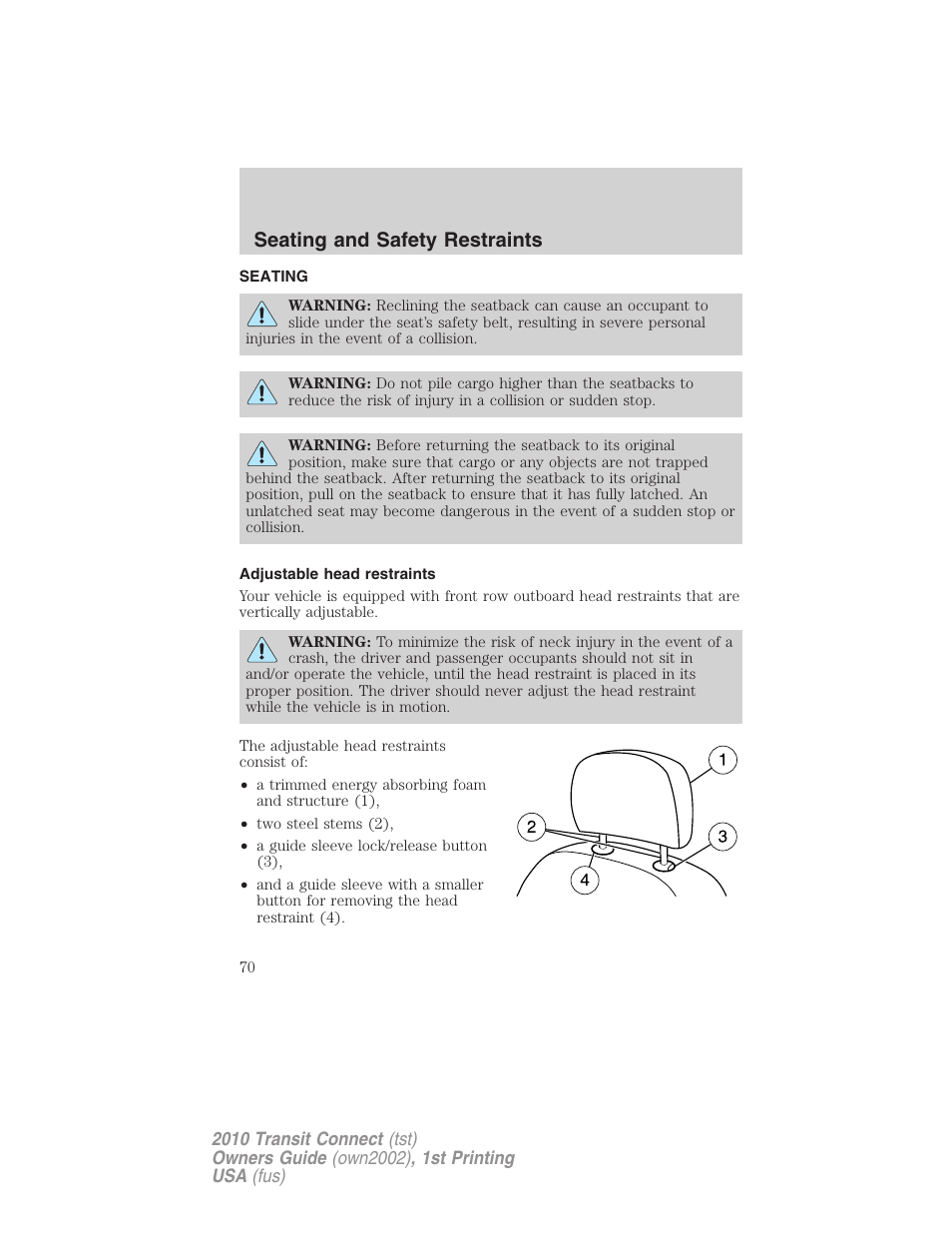 Seating and safety restraints, Seating, Adjustable head restraints | FORD 2010 Transit Connect v.1 User Manual | Page 70 / 259