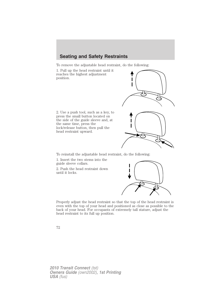 Seating and safety restraints | FORD 2010 Transit Connect v.1 User Manual | Page 72 / 259