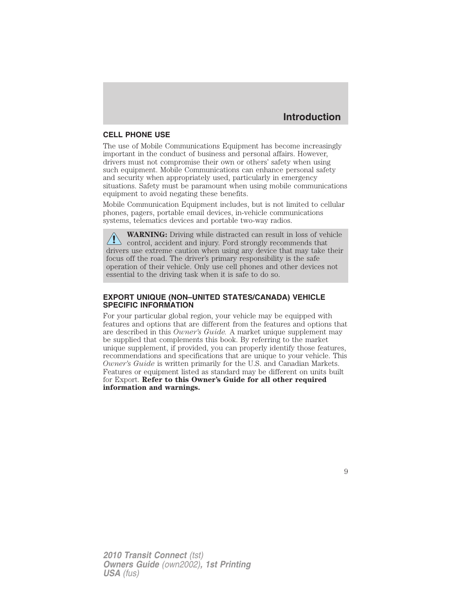 Cell phone use, Introduction | FORD 2010 Transit Connect v.1 User Manual | Page 9 / 259