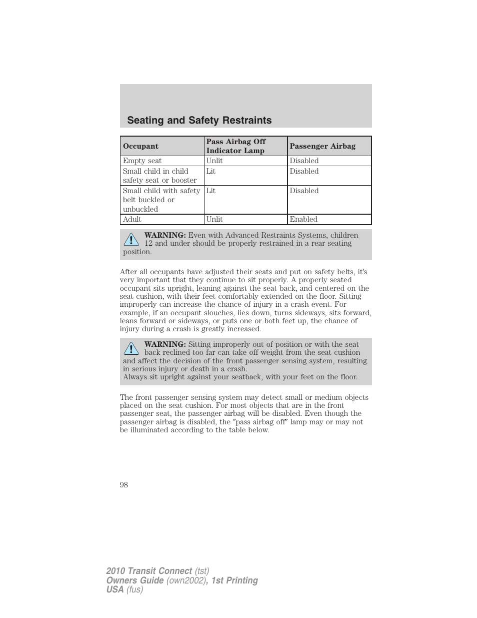Seating and safety restraints | FORD 2010 Transit Connect v.1 User Manual | Page 98 / 259
