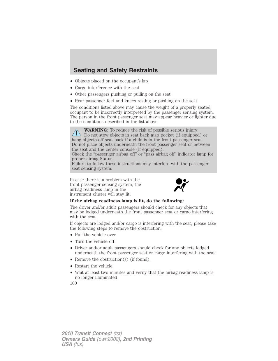 Seating and safety restraints | FORD 2010 Transit Connect v.2 User Manual | Page 100 / 259