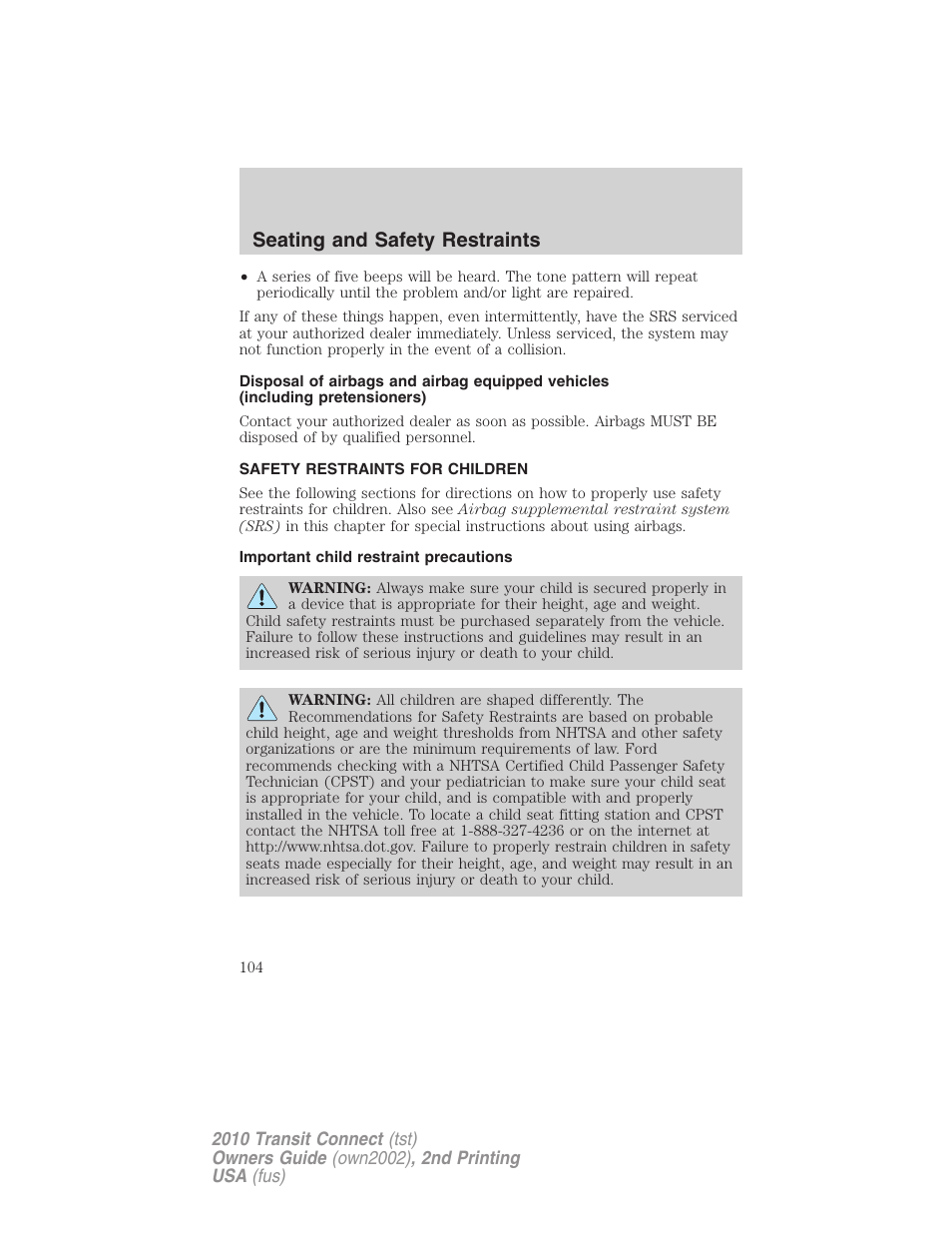Safety restraints for children, Important child restraint precautions, Child restraints | Seating and safety restraints | FORD 2010 Transit Connect v.2 User Manual | Page 104 / 259