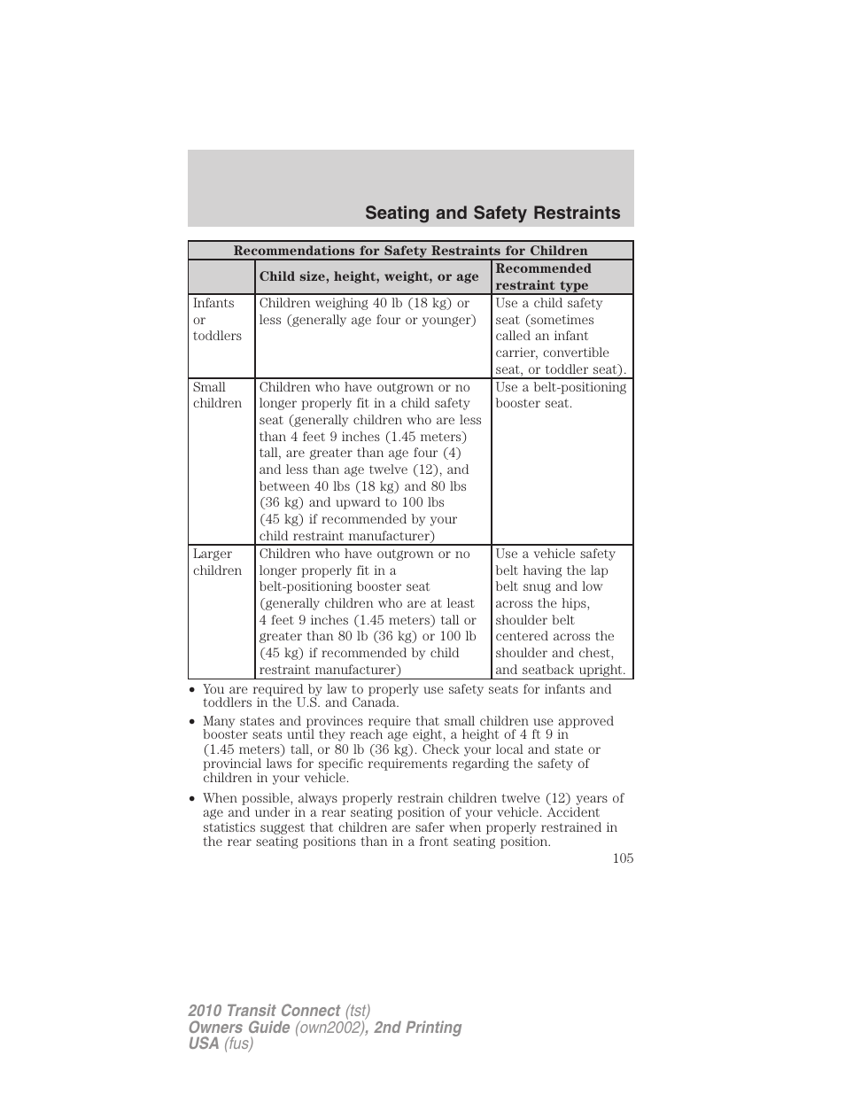 Seating and safety restraints | FORD 2010 Transit Connect v.2 User Manual | Page 105 / 259