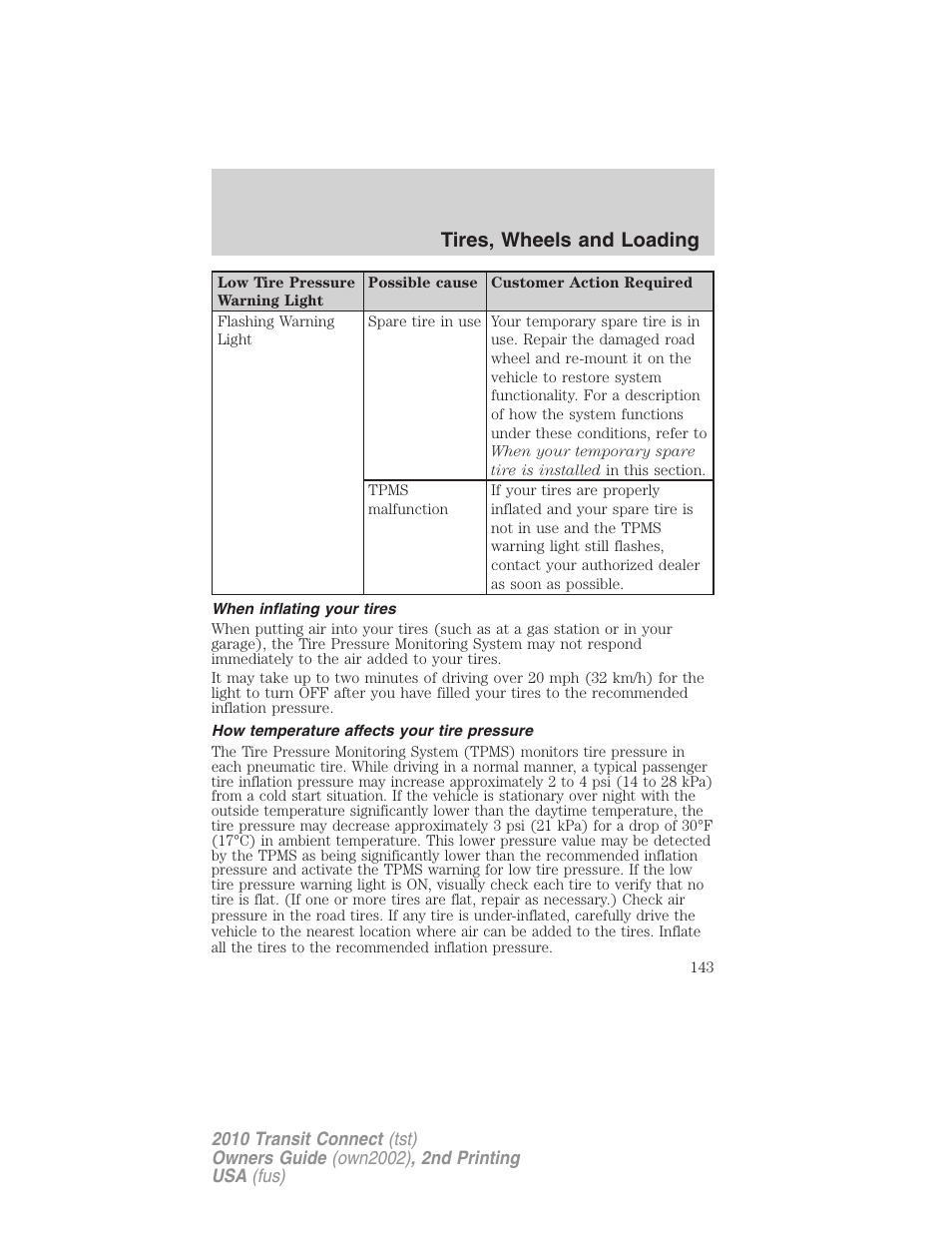 When inflating your tires, How temperature affects your tire pressure, Tires, wheels and loading | FORD 2010 Transit Connect v.2 User Manual | Page 143 / 259