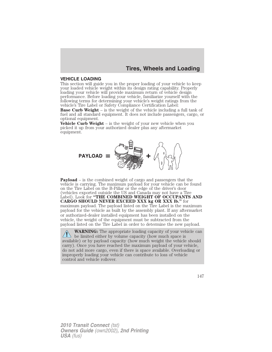 Vehicle loading, Tires, wheels and loading | FORD 2010 Transit Connect v.2 User Manual | Page 147 / 259