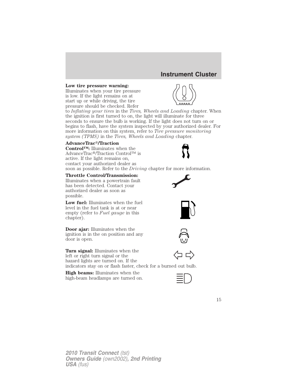 Instrument cluster | FORD 2010 Transit Connect v.2 User Manual | Page 15 / 259