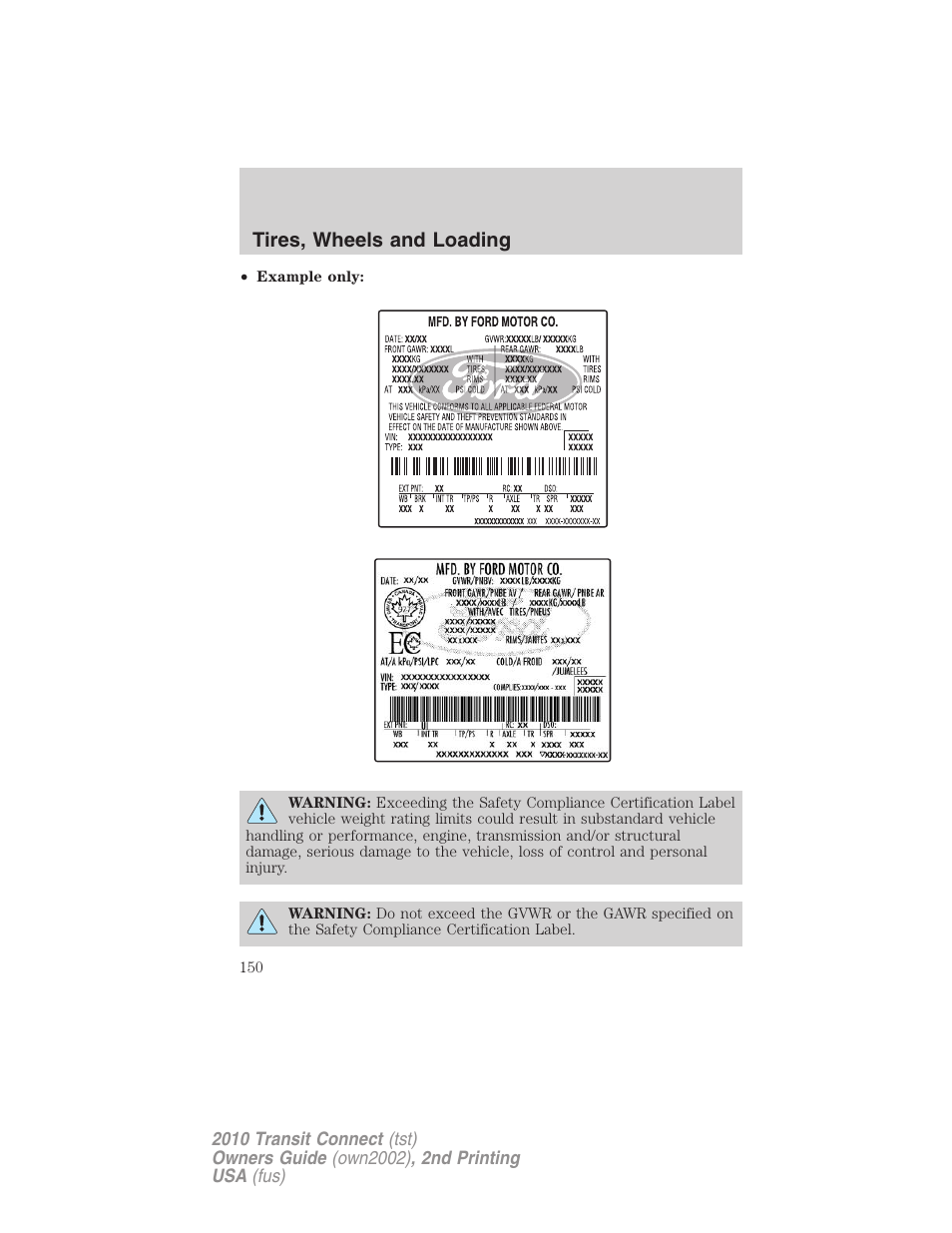 Tires, wheels and loading | FORD 2010 Transit Connect v.2 User Manual | Page 150 / 259
