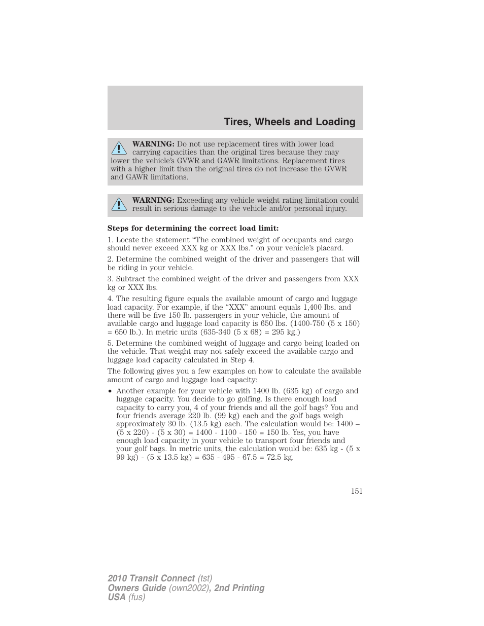 Tires, wheels and loading | FORD 2010 Transit Connect v.2 User Manual | Page 151 / 259