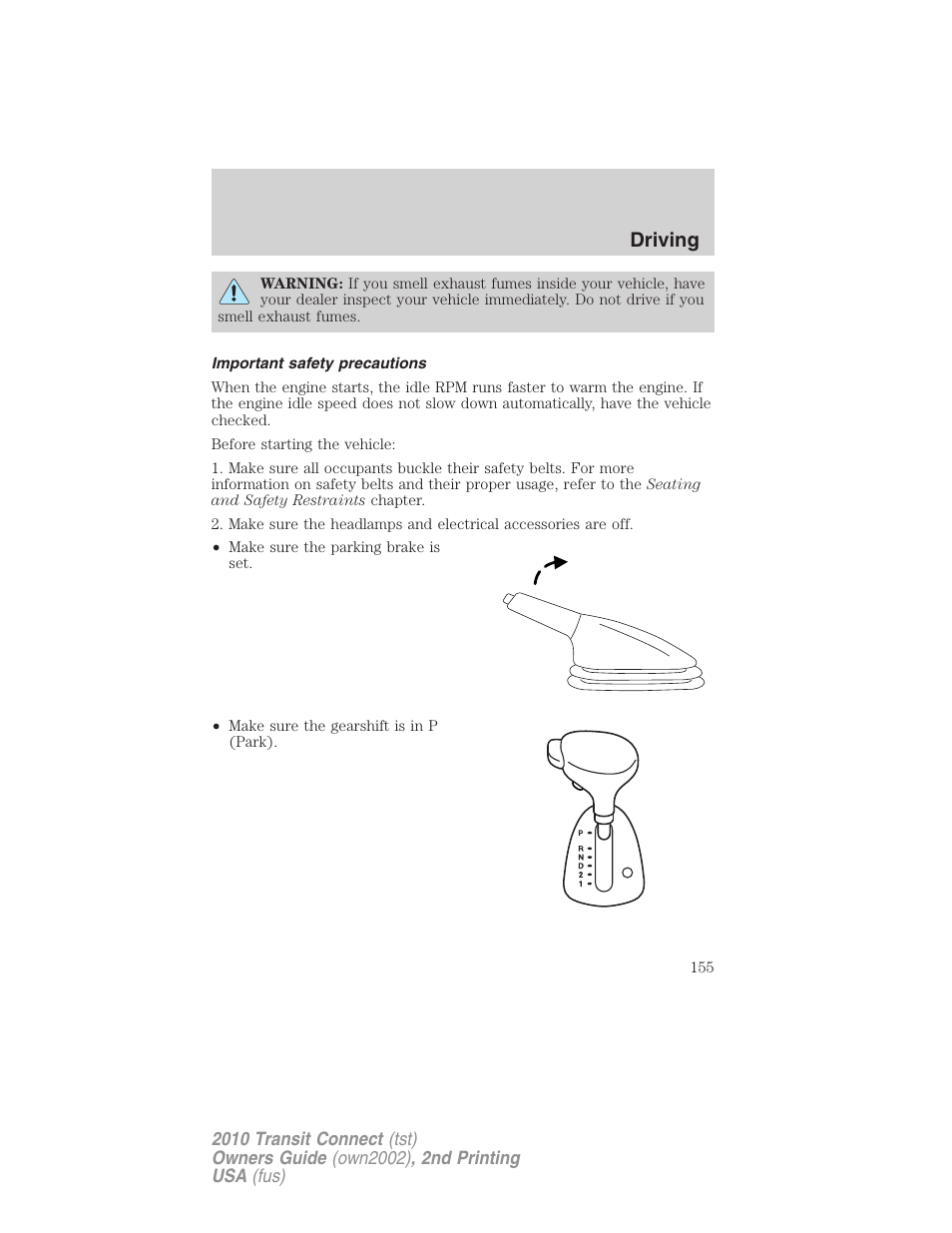 Important safety precautions, Driving | FORD 2010 Transit Connect v.2 User Manual | Page 155 / 259