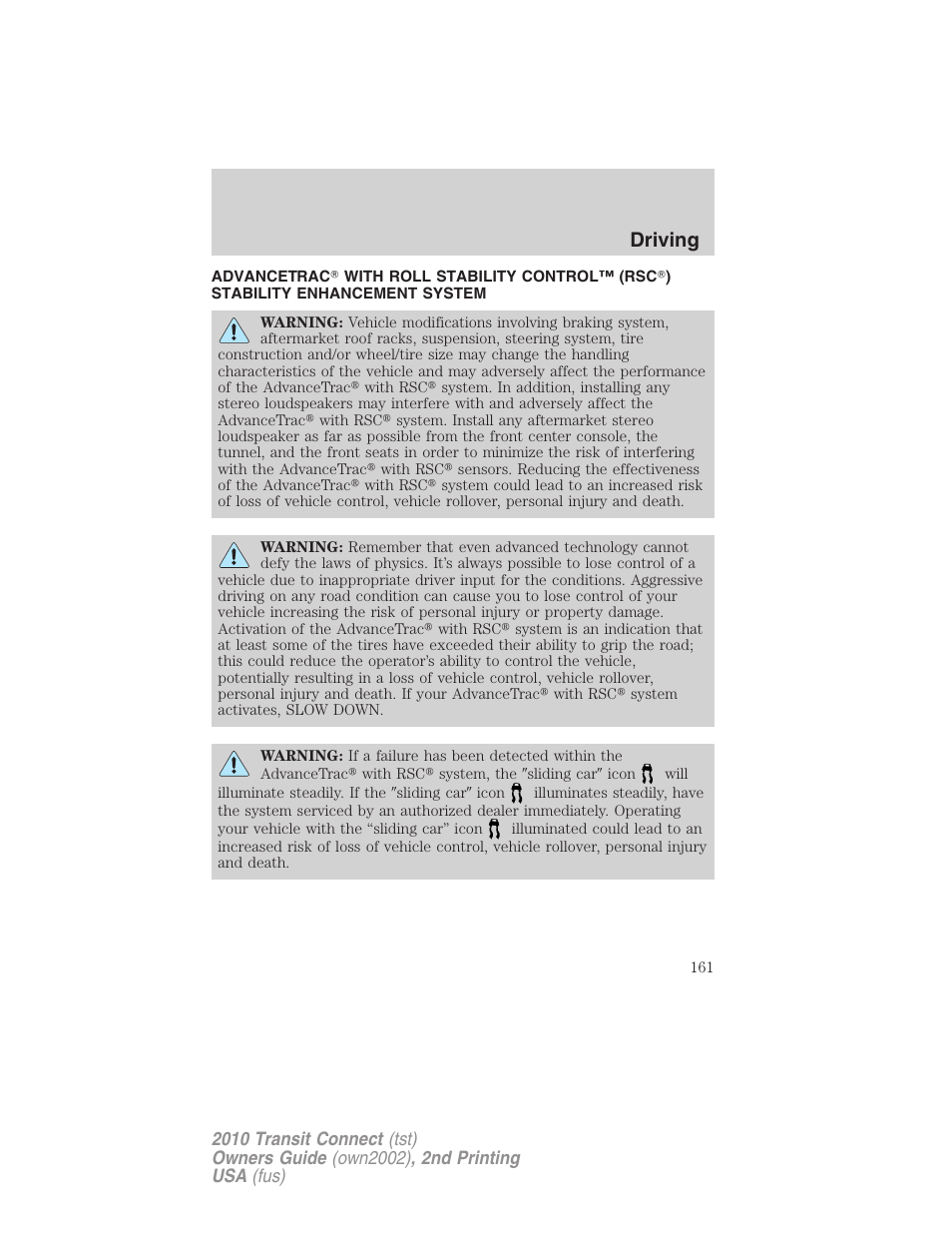 Advancetrac, Driving | FORD 2010 Transit Connect v.2 User Manual | Page 161 / 259