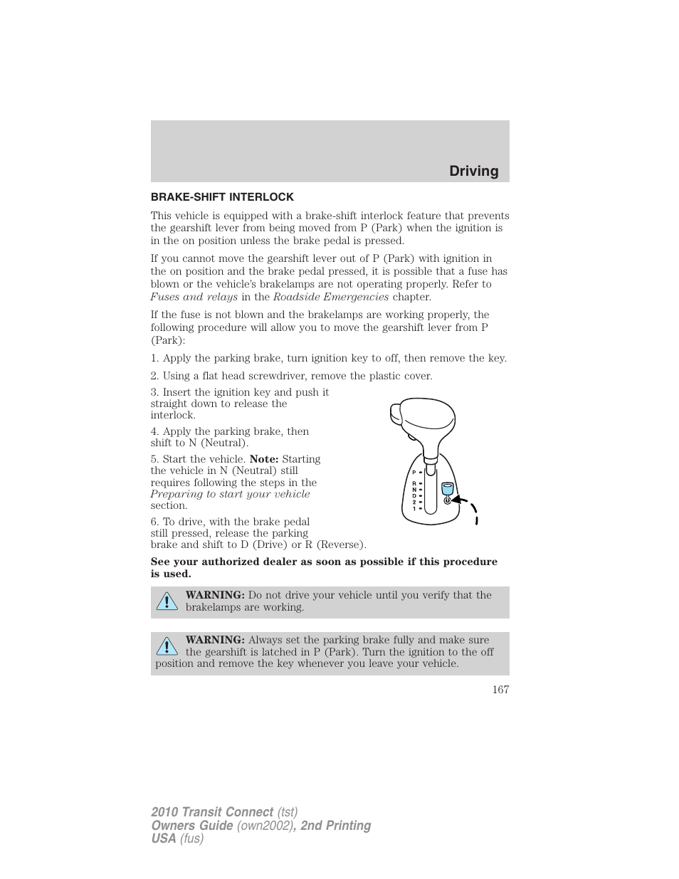 Brake-shift interlock, Driving | FORD 2010 Transit Connect v.2 User Manual | Page 167 / 259