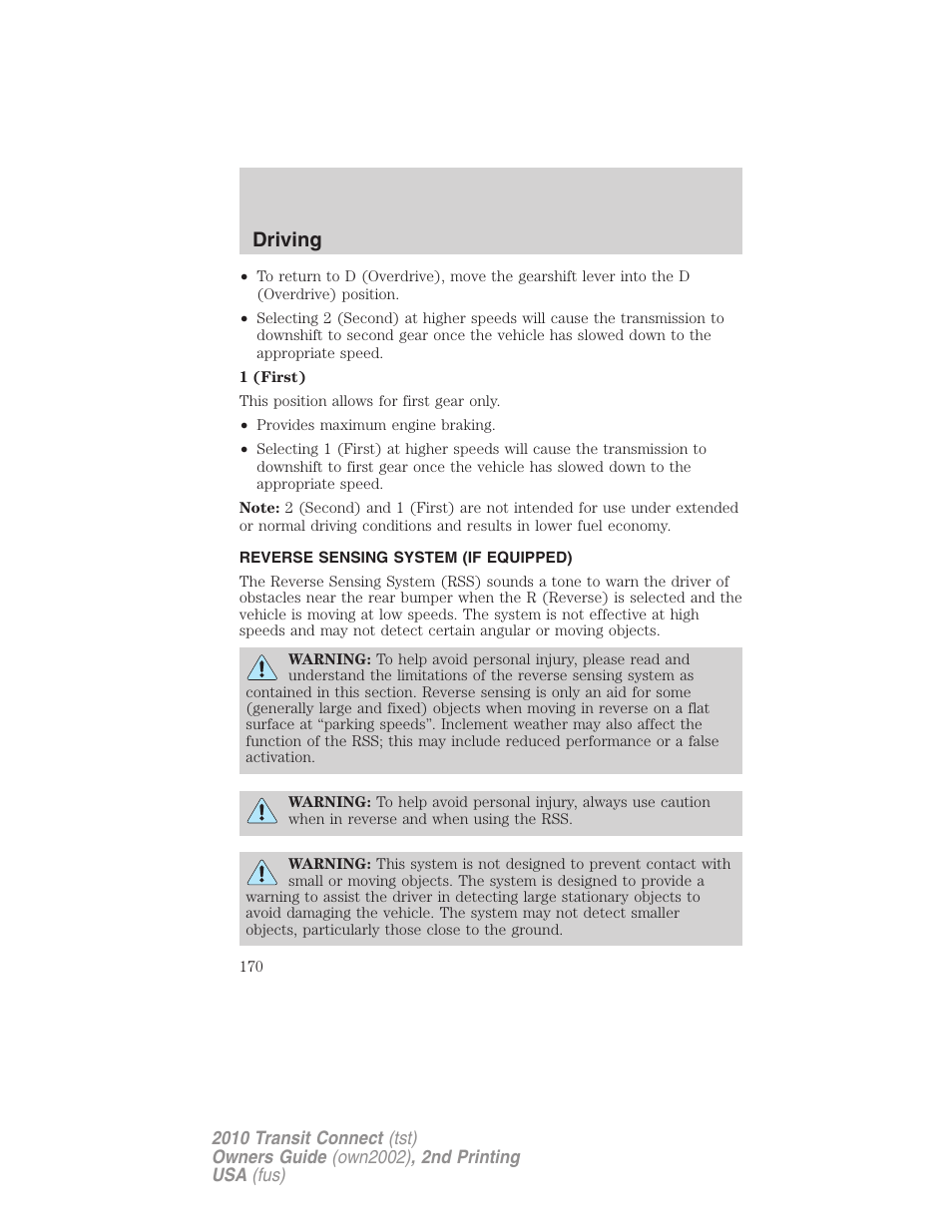 Reverse sensing system (if equipped), Reverse sensing system, Driving | FORD 2010 Transit Connect v.2 User Manual | Page 170 / 259