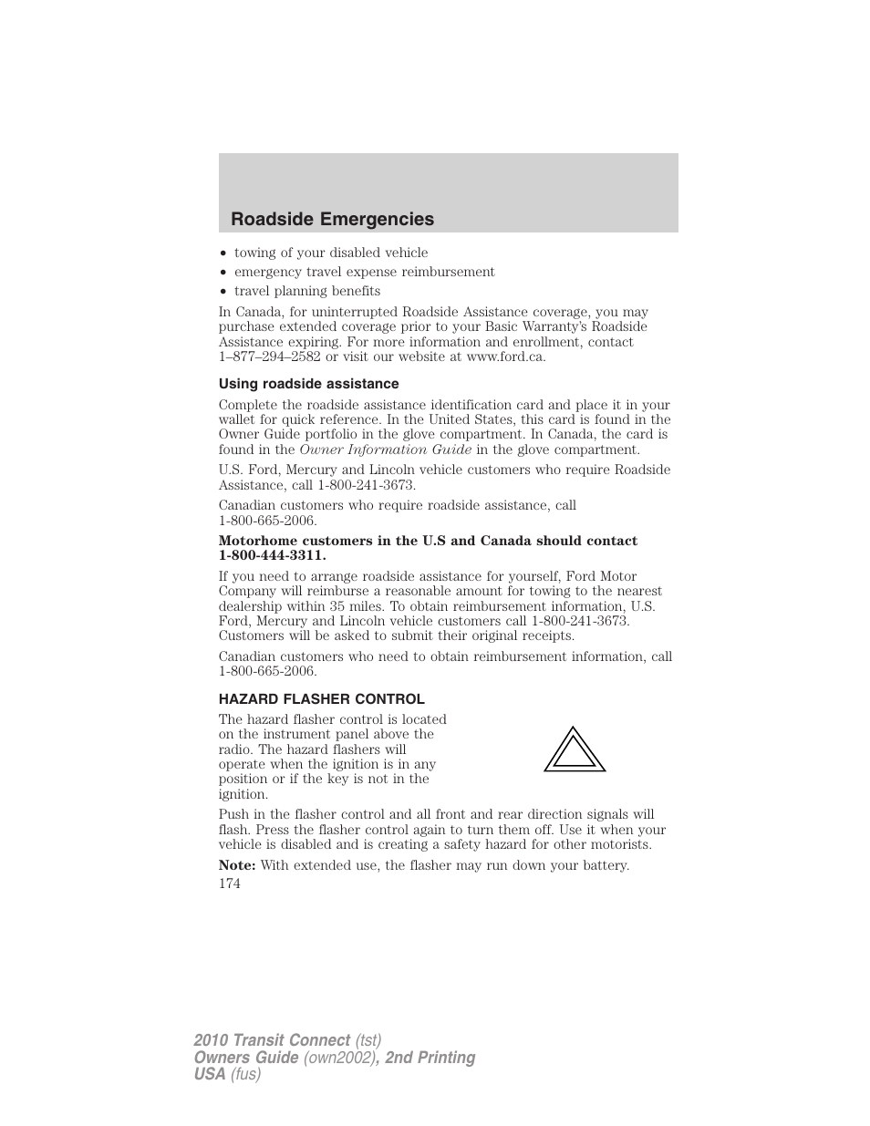 Using roadside assistance, Hazard flasher control, Roadside emergencies | FORD 2010 Transit Connect v.2 User Manual | Page 174 / 259