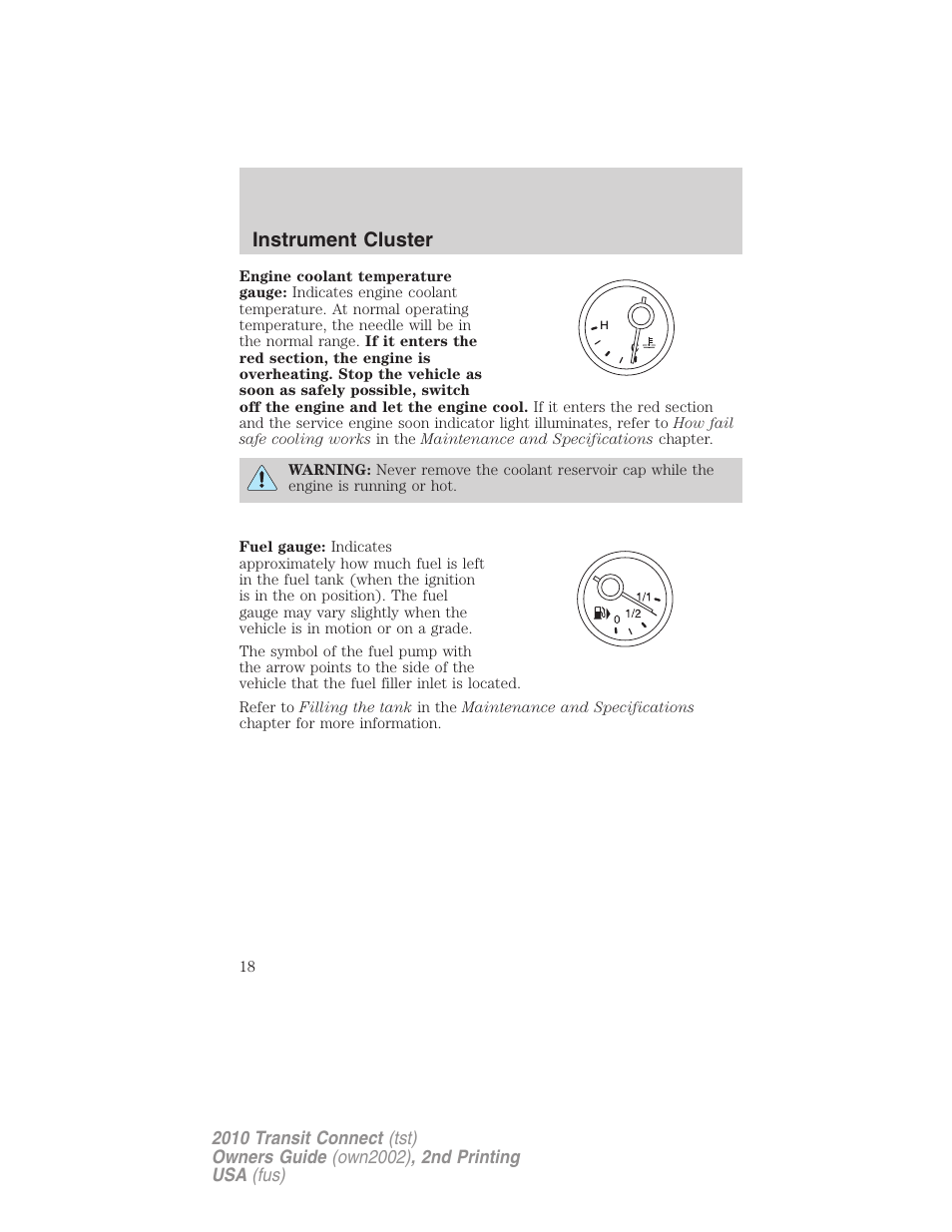 Instrument cluster | FORD 2010 Transit Connect v.2 User Manual | Page 18 / 259