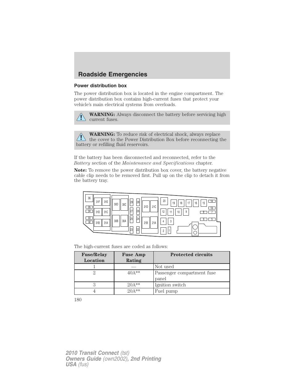 Power distribution box, Roadside emergencies | FORD 2010 Transit Connect v.2 User Manual | Page 180 / 259