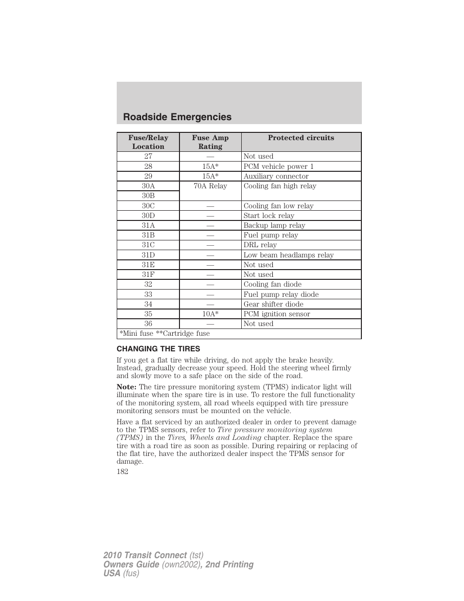 Changing the tires, Changing tires, Roadside emergencies | FORD 2010 Transit Connect v.2 User Manual | Page 182 / 259