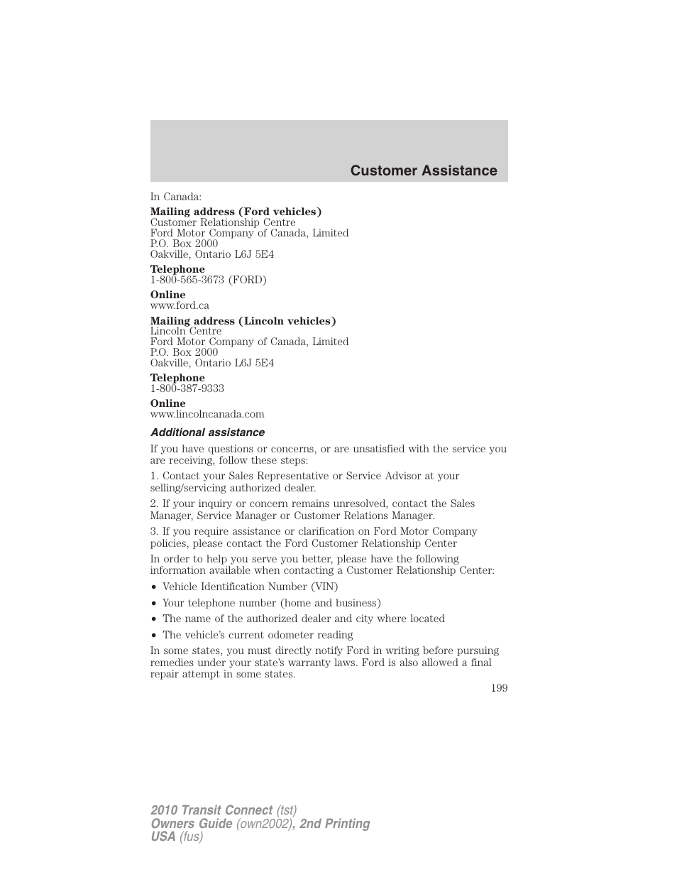 Additional assistance, Customer assistance | FORD 2010 Transit Connect v.2 User Manual | Page 199 / 259