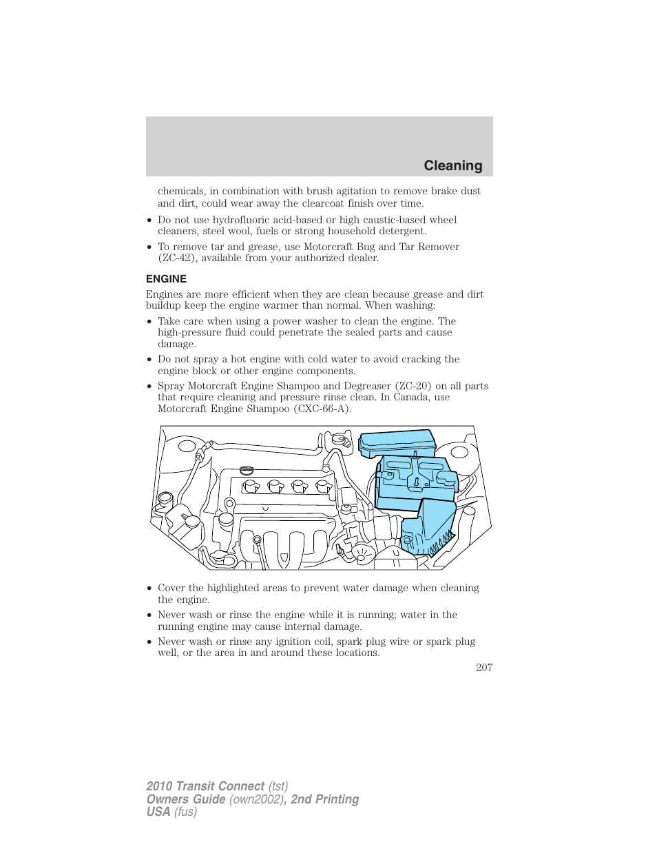 Engine, Cleaning | FORD 2010 Transit Connect v.2 User Manual | Page 207 / 259