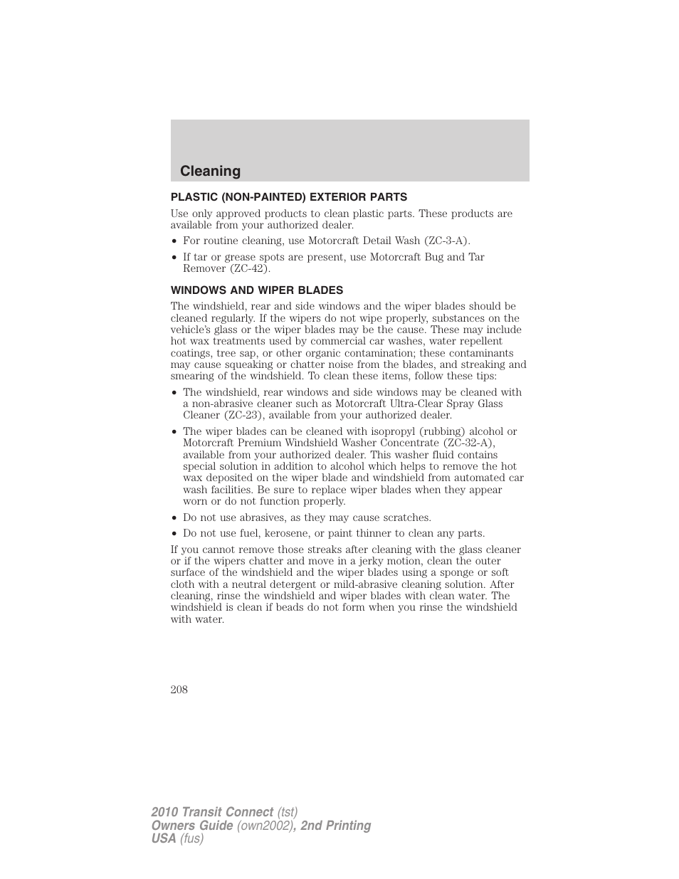 Plastic (non-painted) exterior parts, Windows and wiper blades, Cleaning | FORD 2010 Transit Connect v.2 User Manual | Page 208 / 259