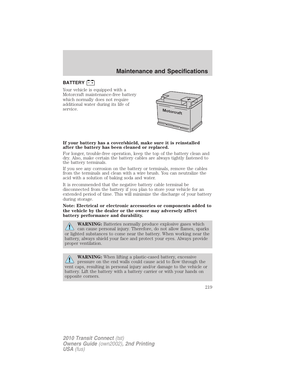 Battery, Maintenance and specifications | FORD 2010 Transit Connect v.2 User Manual | Page 219 / 259