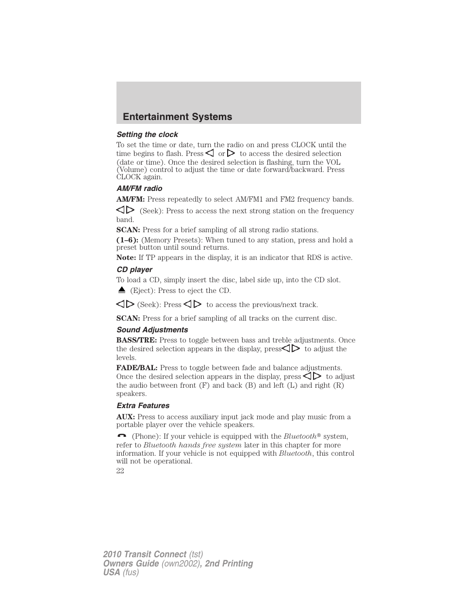 Setting the clock, Am/fm radio, Cd player | Sound adjustments, Extra features, Entertainment systems | FORD 2010 Transit Connect v.2 User Manual | Page 22 / 259